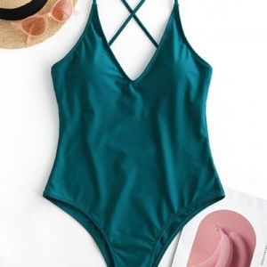 Criss Cross Basic One-piece Swimsuit - Peacock Blue M